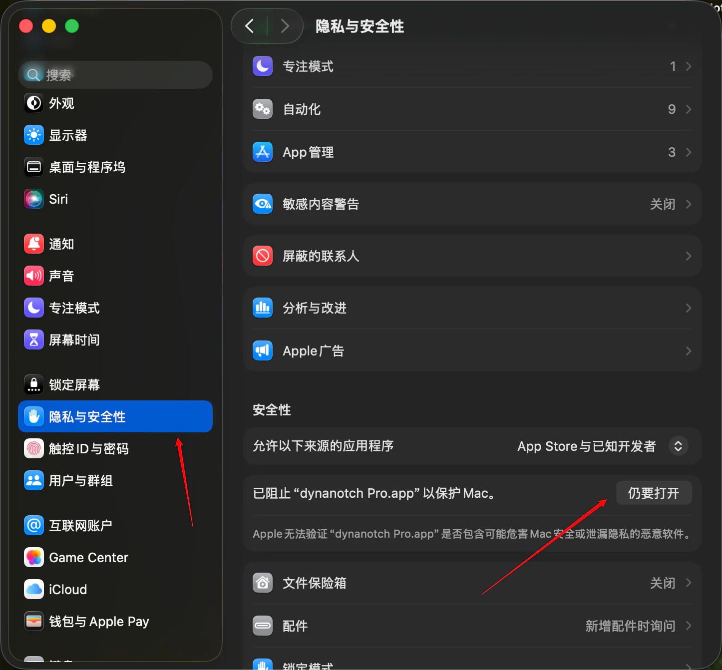 在隐私与安全性中点击仍要打开